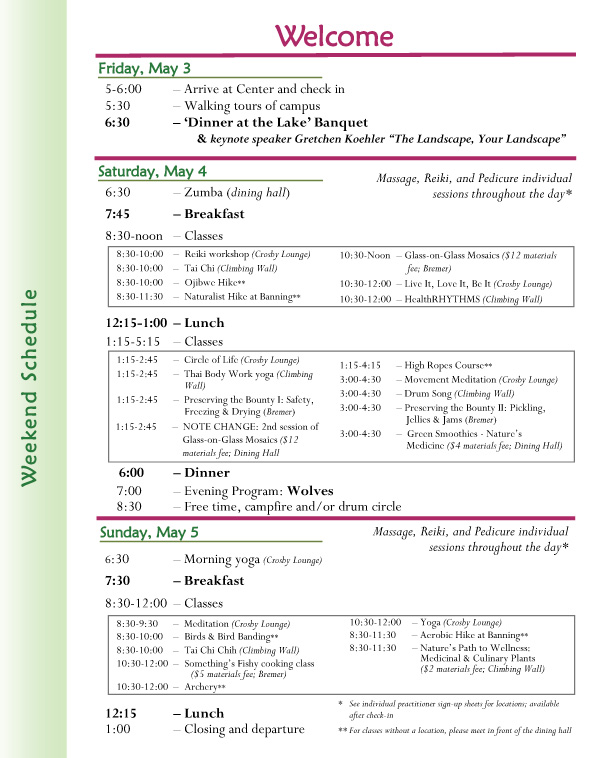 Women's Wellness Weekend schedule